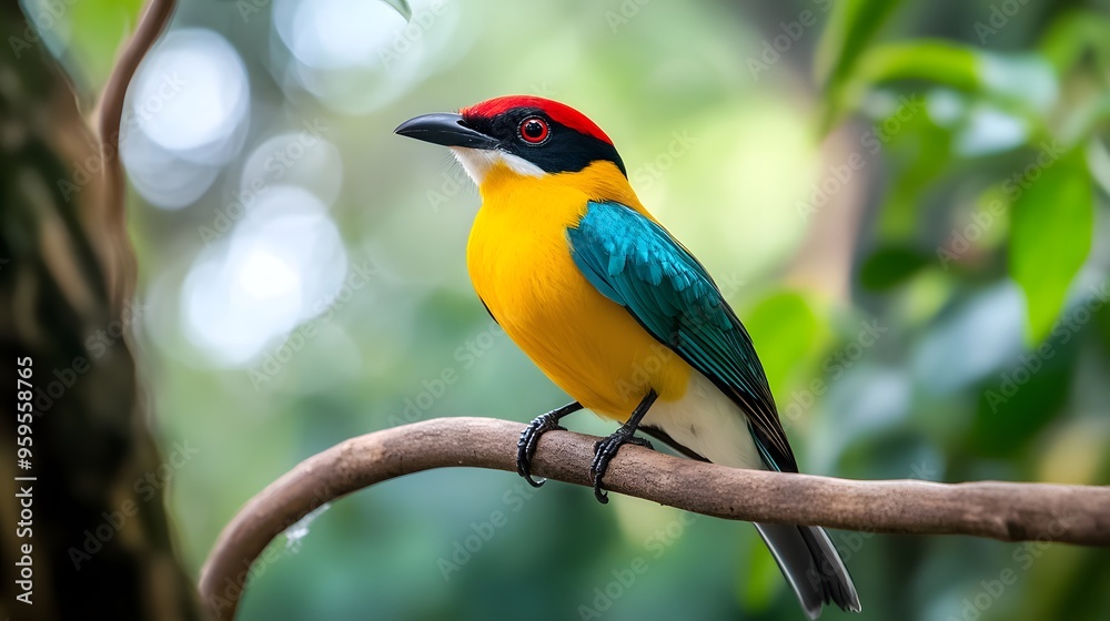 Colorful bird with bright plumage perched on a tree branch in a lush natural environment Colorful bird with bright plumage perched on a tree branch in a lush natural environment