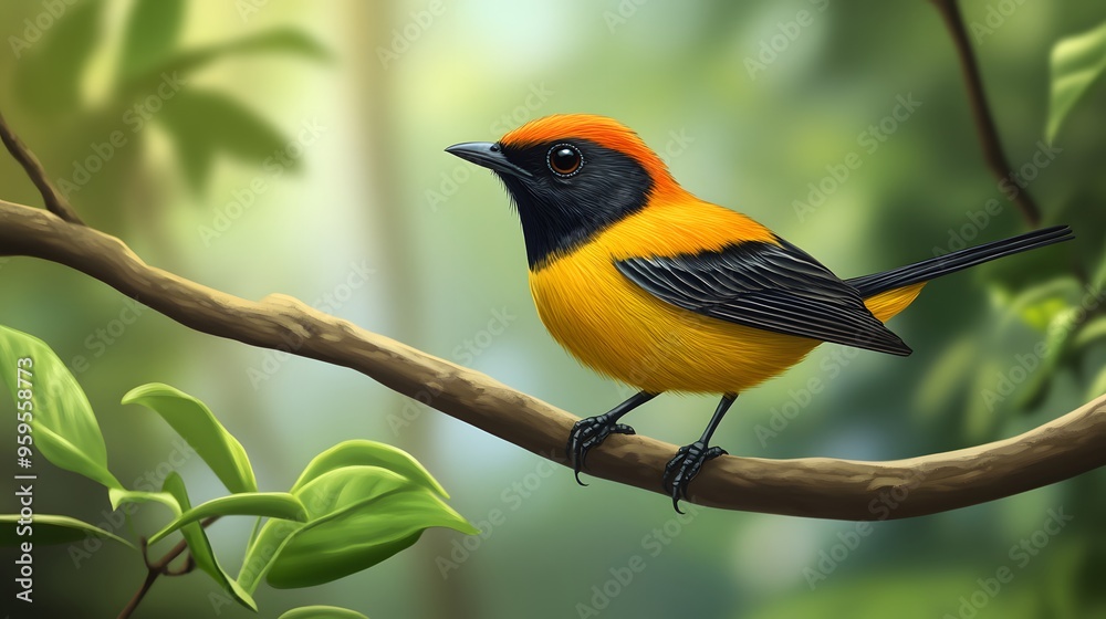 Vibrant orange and black bird perched on a branch in lush green forest Vibrant orange and black bird perched on a branch in lush green forest