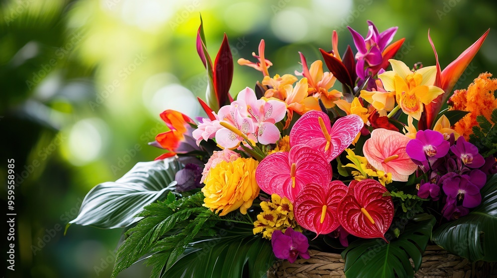 This bold arrangement showcases a mix of tropical flowers, including orchids and vibrant anthuriums, creating a stunning visual impact. Generative AI This bold arrangement showcases a mix of tropical flowers, including orchids and vibrant anthuriums, creating a stunning visual impact. Generative AI