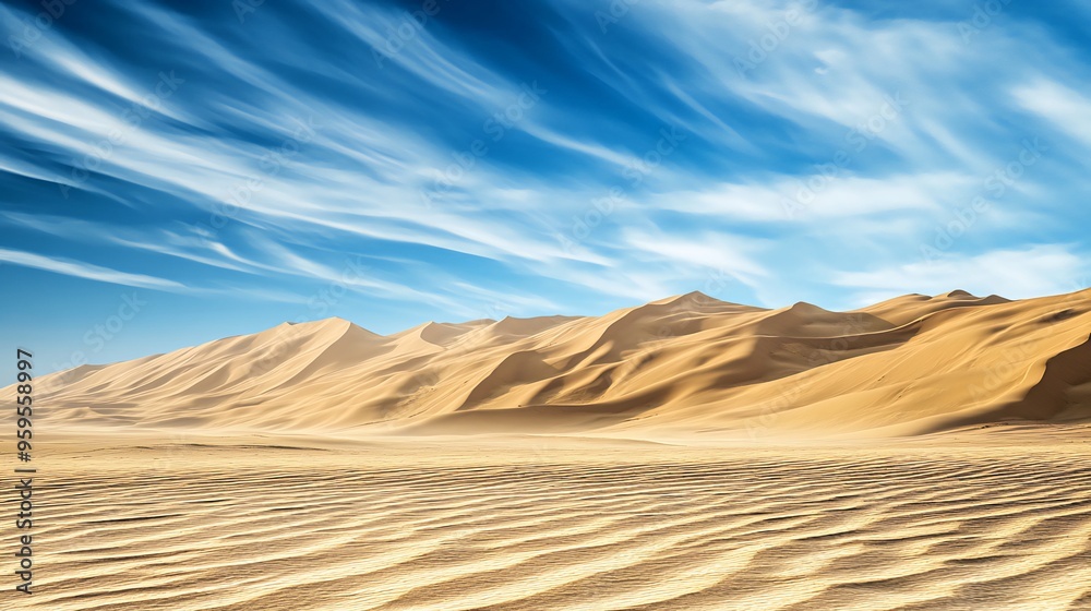 Fototapeta premium A wide shot of a desert landscape with rolling sand dunes under a blue sky with white clouds.