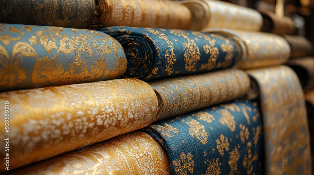 Golden Fabrics: Luxurious fabrics with gold threads or patterns, such as curtains, upholstery, or clothing. Golden Fabrics: Luxurious fabrics with gold threads or patterns, such as curtains, upholstery, or clothing.