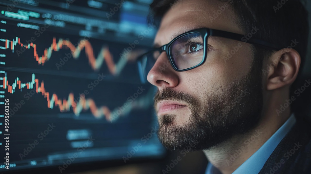Businessman analyzing market trends on a computer modern portrait stock graph background investment planning Businessman analyzing market trends on a computer modern portrait stock graph background investment planning