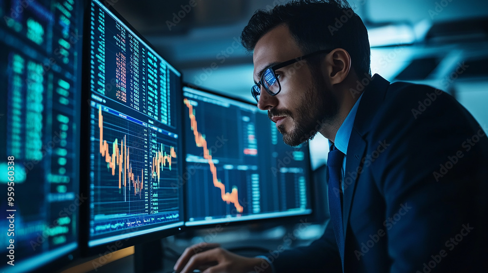 Businessman analyzing market trends on a computer modern portrait stock graph background investment planning Businessman analyzing market trends on a computer modern portrait stock graph background investment planning
