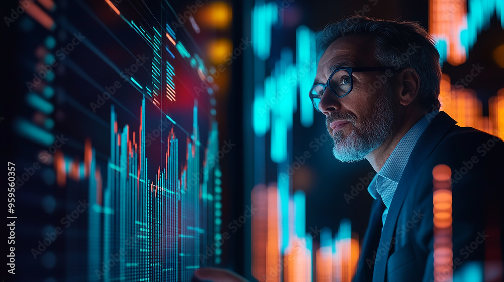 Businessman discussing stock market trends with a colleague modern portrait financial background investment graphs Businessman discussing stock market trends with a colleague modern portrait financial background investment graphs