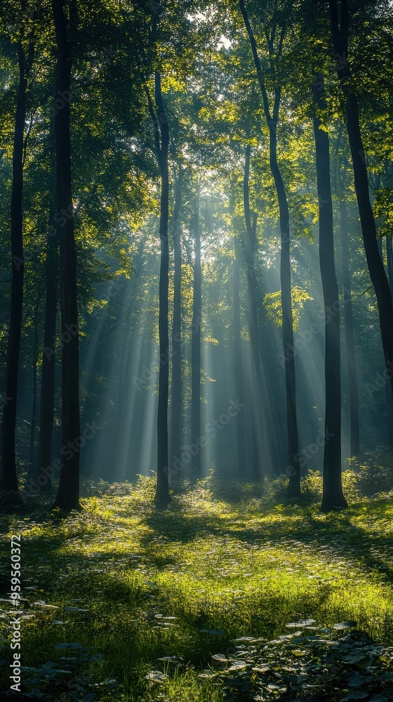 Naklejka premium Serene Forest with Sun Rays and Mist