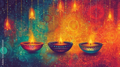 Colorful Diwali Diyas with Intricate Floral Background.