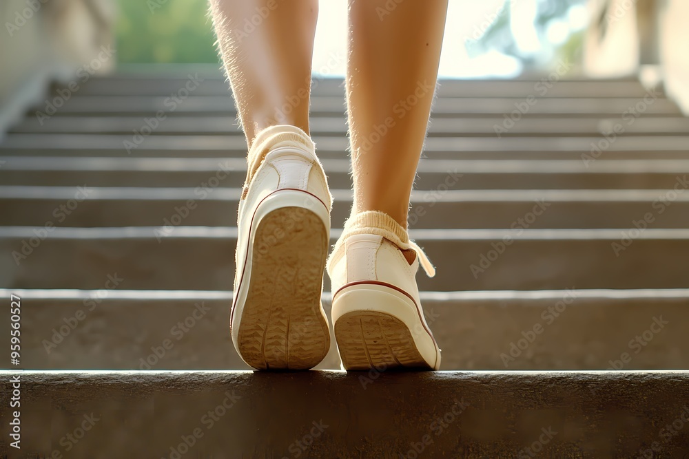 Close-up view of a person wearing sneakers walking up stairs, symbolizing progress, goals, and a healthy lifestyle. Close-up view of a person wearing sneakers walking up stairs, symbolizing progress, goals, and a healthy lifestyle.