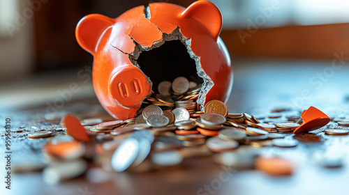 Broken Piggy Bank With Coins Spilling Out photo