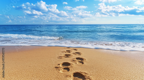 Footprints In The Sand On A Sunny Beach  (48 Words / 240 Characters) photo