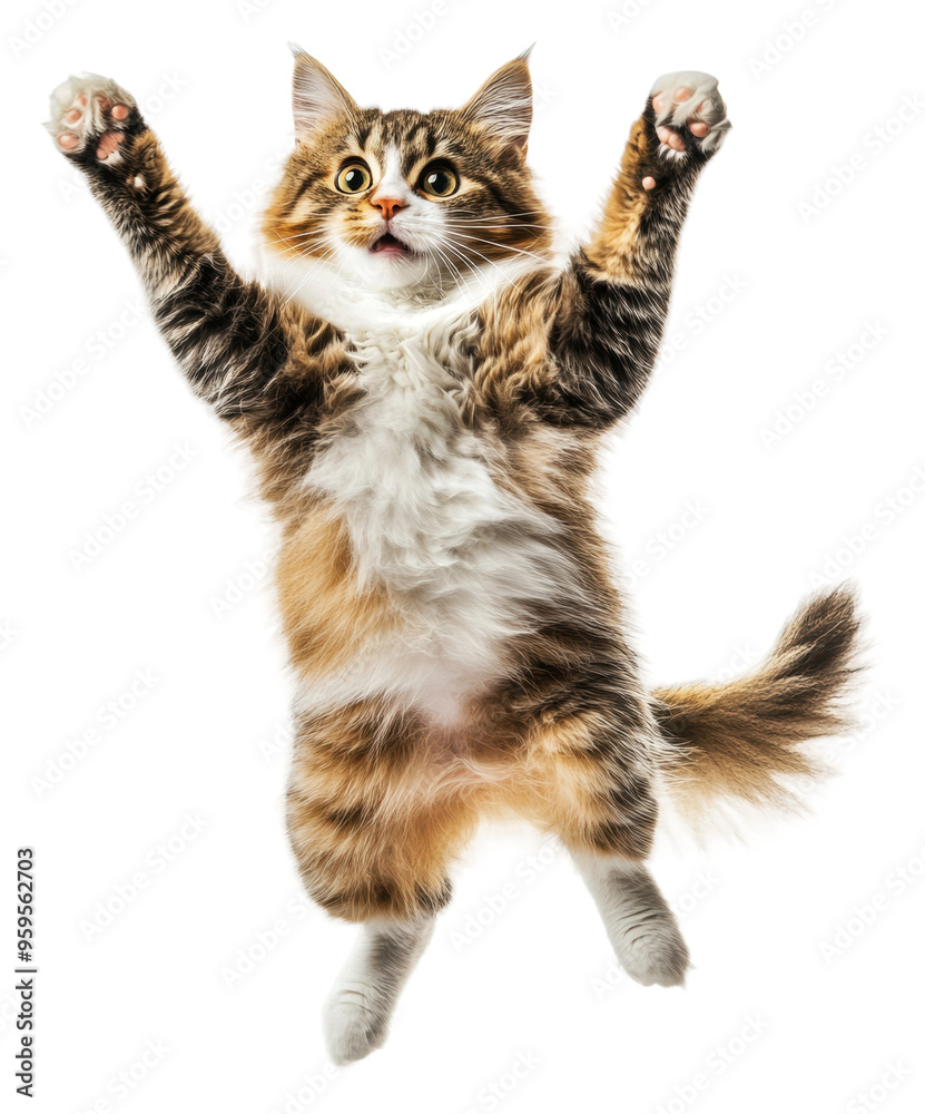 Obraz premium Energetic cat leaps joyfully in indoor setting, cut out - stock png.
