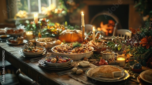 Festive Thanksgiving Dinner Table Setting.