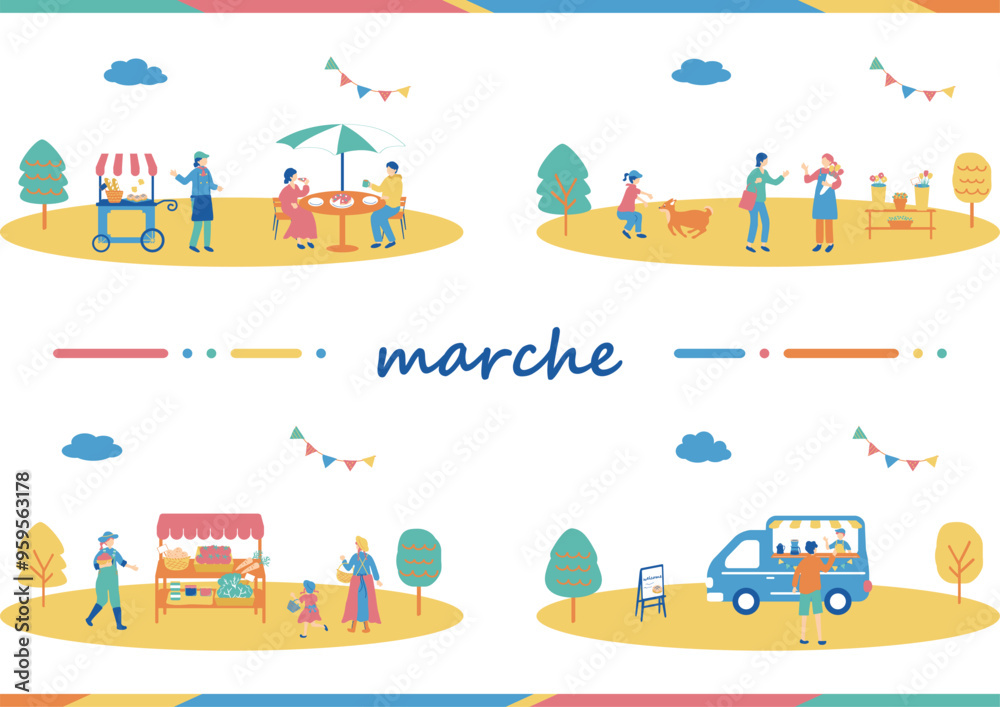 Obraz premium マルシェ 休日のマーケットで楽しむ人々