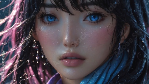 semi realistic artwork close up beautiful japanese or asian women under the rains and snow with cool background