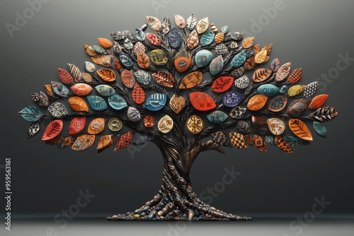 A tree with leaves made of various cultural symbols, illustrating the richness of diversity and the nurturing role of affirmative action in society.