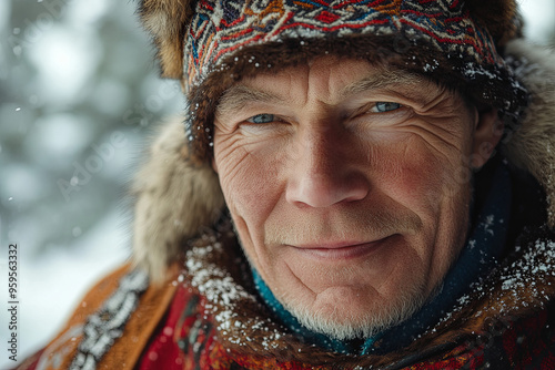 Portrait of a Sami reindeer herder in traditional dress, Scandinavia