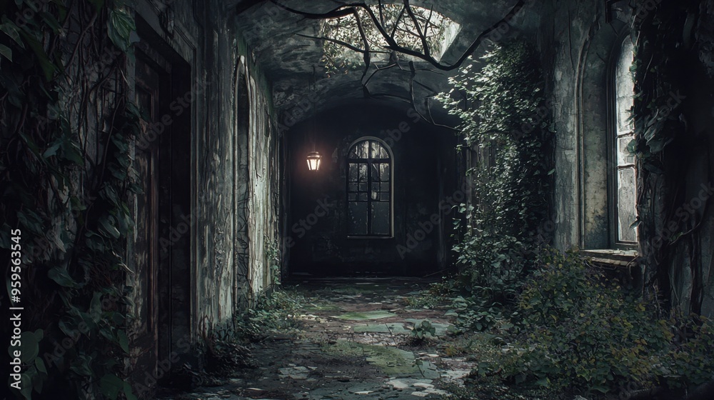 Overgrown Hallway in Abandoned Building. Overgrown Hallway in Abandoned Building.