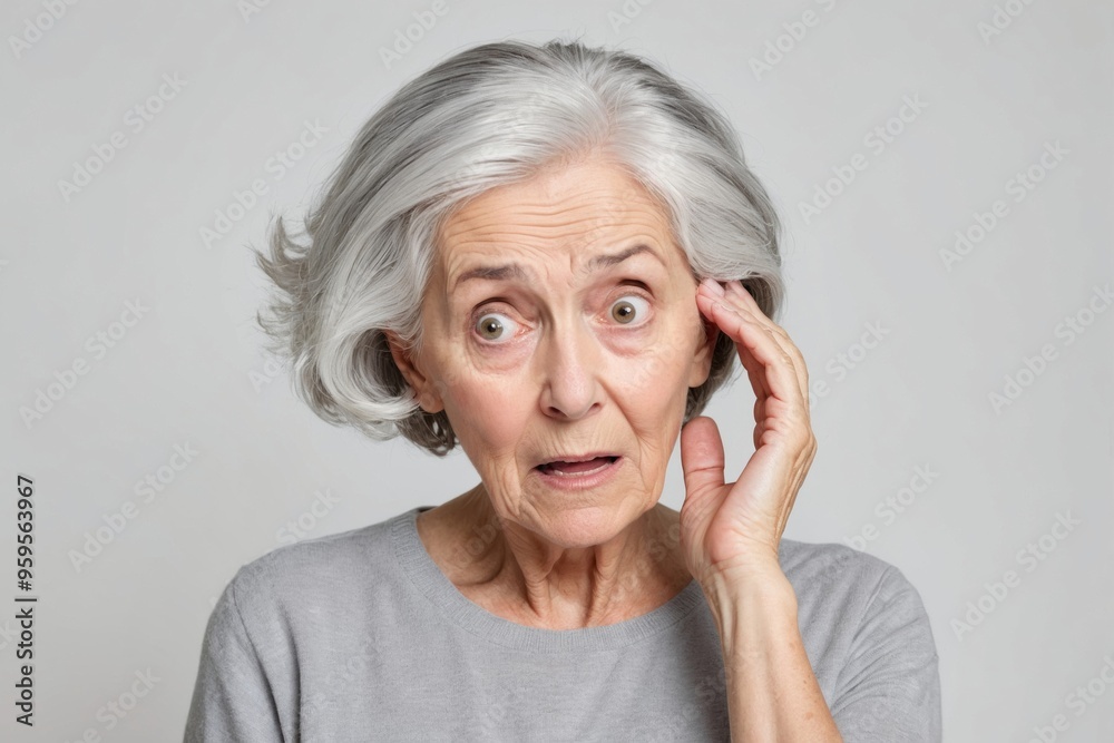 Curious senior woman with surprised expression in close-up portrait Curious senior woman with surprised expression in close-up portrait