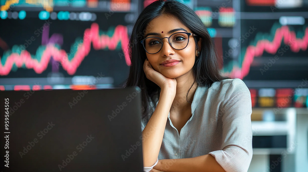 Indian businesswoman analyzing investment opportunities on a laptop modern portrait stock market graph background Indian businesswoman analyzing investment opportunities on a laptop modern portrait stock market graph background