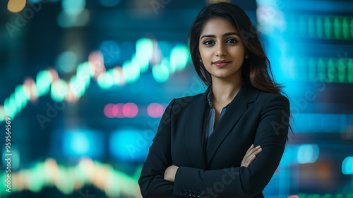 Indian businesswoman in a suit standing with stock market graphs in the background modern portrait investment analysis