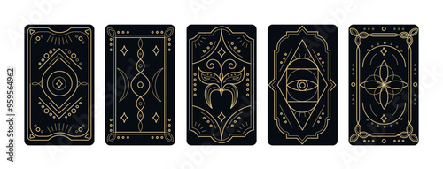 Set of tarot cards cover magic symbols with frames on the edges, linear style.