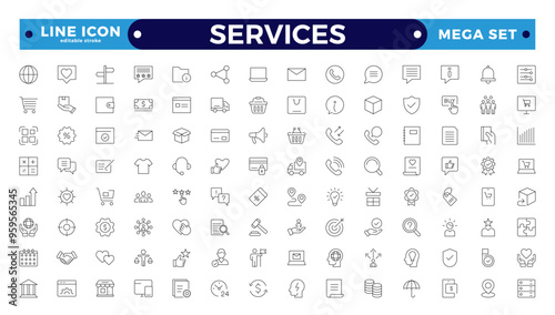 Services icon collection set. Containing justice, lawyers, notaries, law, immigration, advocacy, e-commerce, finance, accounting, vector, business, and communication. Editable stroke outline icon.
