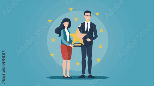 
Professional or expert who success and win award best office employee or specialist with skills to achieve goal concept success businessman and businesswoman professional stand with star award