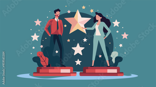 
Professional or expert who success and win award best office employee or specialist with skills to achieve goal concept success businessman and businesswoman professional stand with star award