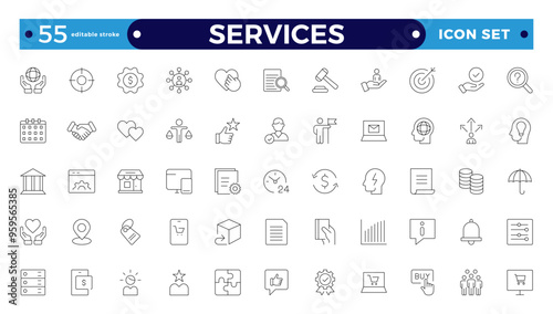 Services icon collection set. Containing justice, lawyers, notaries, law, immigration, advocacy, e-commerce, finance, accounting, vector, business, and communication. Editable stroke outline icon.