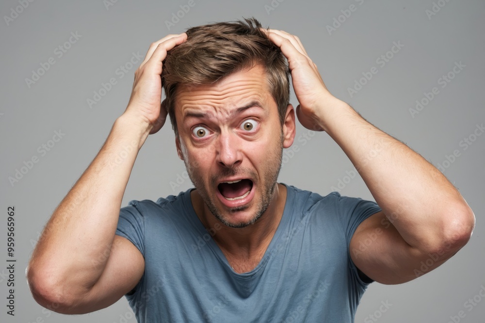 Man with shocked expression in studio portrait with hands on head Man with shocked expression in studio portrait with hands on head