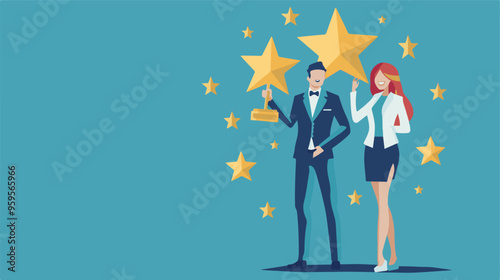 
Professional or expert who success and win award best office employee or specialist with skills to achieve goal concept success businessman and businesswoman professional stand with star award