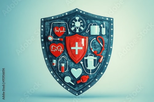 An artistic representation of a healthcare shield protecting various symbols of health and wellness, symbolizing the protection offered by the Affordable Care Act. photo