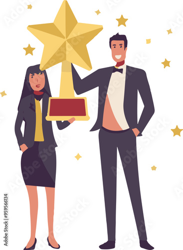 
Professional or expert who success and win award best office employee or specialist with skills to achieve goal concept success businessman and businesswoman professional stand with star award