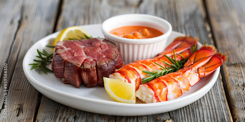 a steak with a crab on top, placed on a black plate on a table. a steak with a crab on top, placed on a black plate on a table.