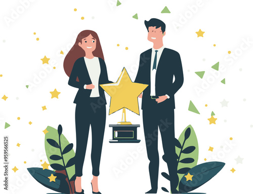 
Professional or expert who success and win award best office employee or specialist with skills to achieve goal concept success businessman and businesswoman professional stand with star award