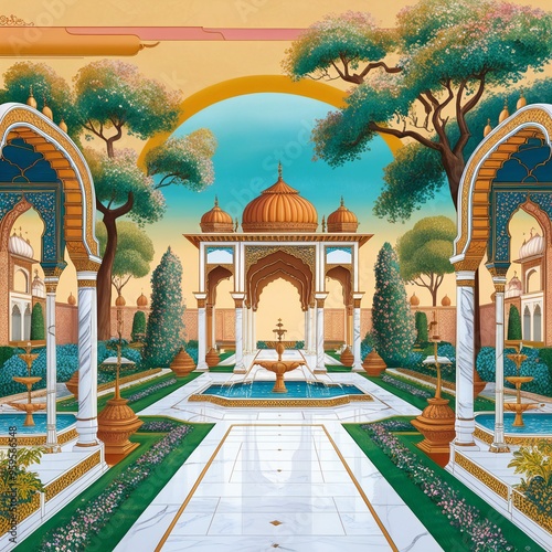 Elegant Mughal Garden Illustration Rich and Intricate Design
