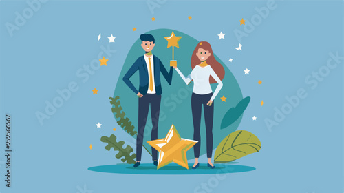 
Professional or expert who success and win award best office employee or specialist with skills to achieve goal concept success businessman and businesswoman professional stand with star award