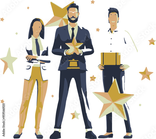 
Professional or expert who success and win award best office employee or specialist with skills to achieve goal concept success businessman and businesswoman professional stand with star award