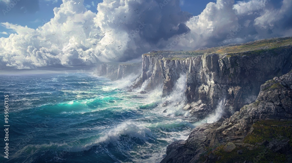 Dramatic Sea Cliffs Under Cloudy Skies. Dramatic Sea Cliffs Under Cloudy Skies.