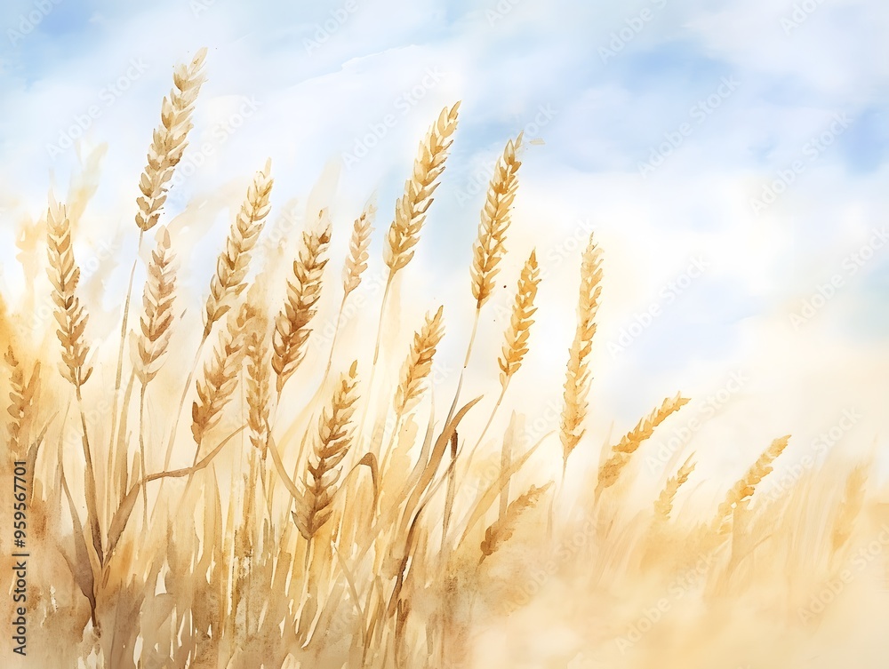 watercolor rice field Illustration, Generative AI watercolor rice field Illustration, Generative AI