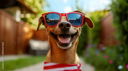 A cheerful dog wearing sunglasses, enjoying a sunny day outdoors.