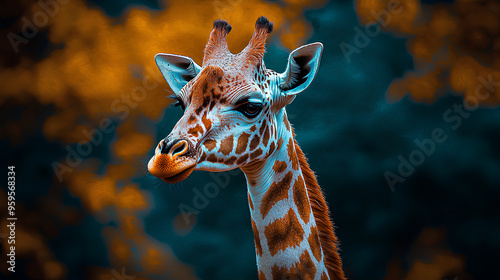 Close Up Portrait of a Giraffe s Head with a Soft Bokeh Background photo