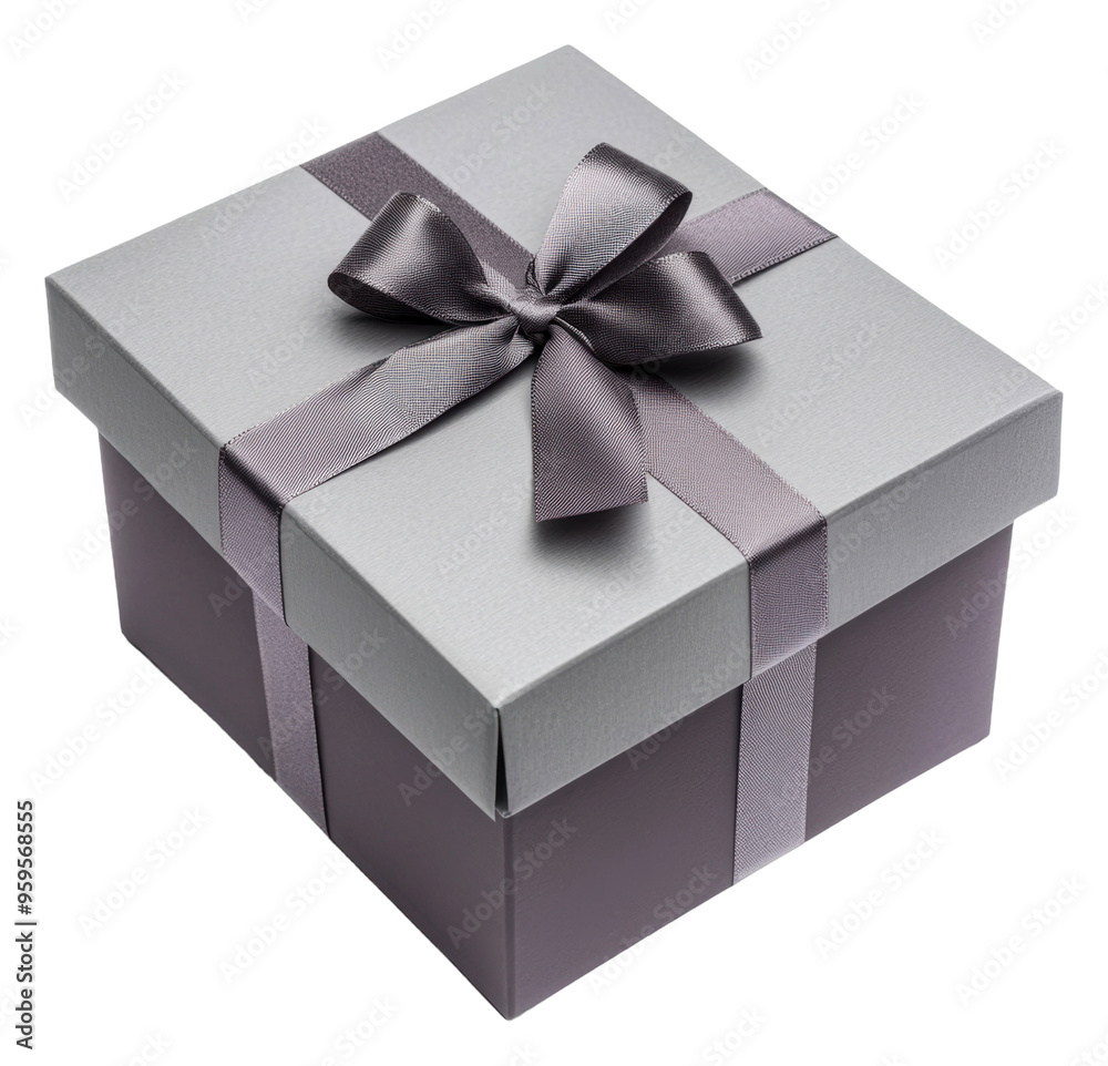 Fototapeta premium Gray gift box with ribbon on white, cut out - stock png.