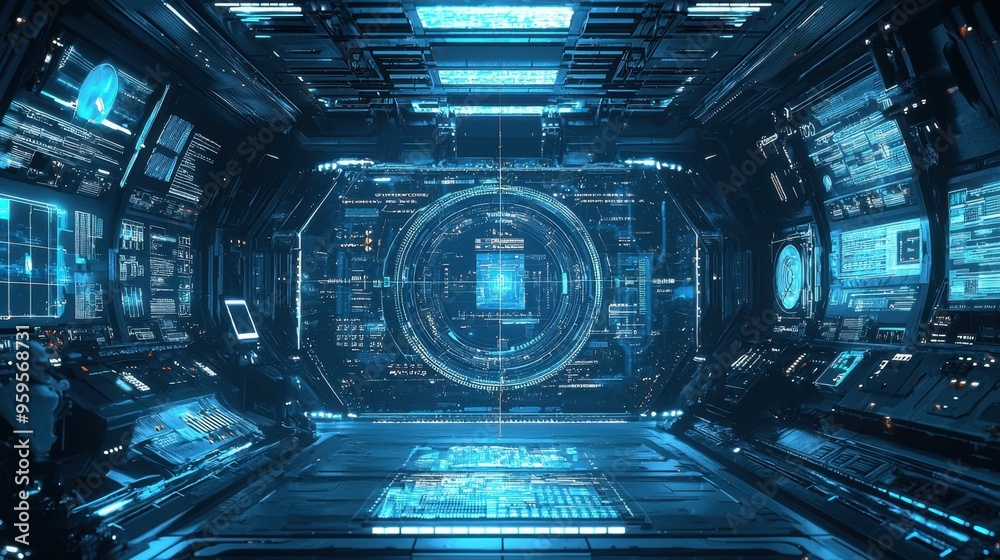 Futuristic spaceship interior with glowing blue screens. Futuristic spaceship interior with glowing blue screens.