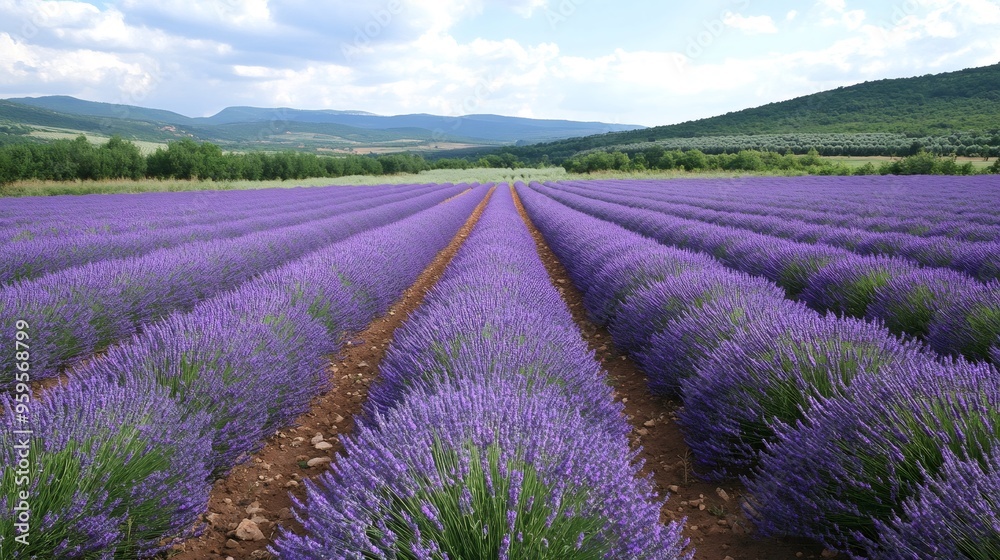 A breathtaking view of lavender fields stretching out into the distance with green hills in the background. A breathtaking view of lavender fields stretching out into the distance with green hills in the background.