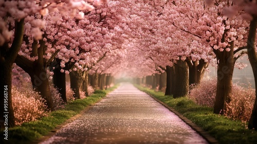 A beautiful pathway through a tunnel of pink cherry blossom trees.