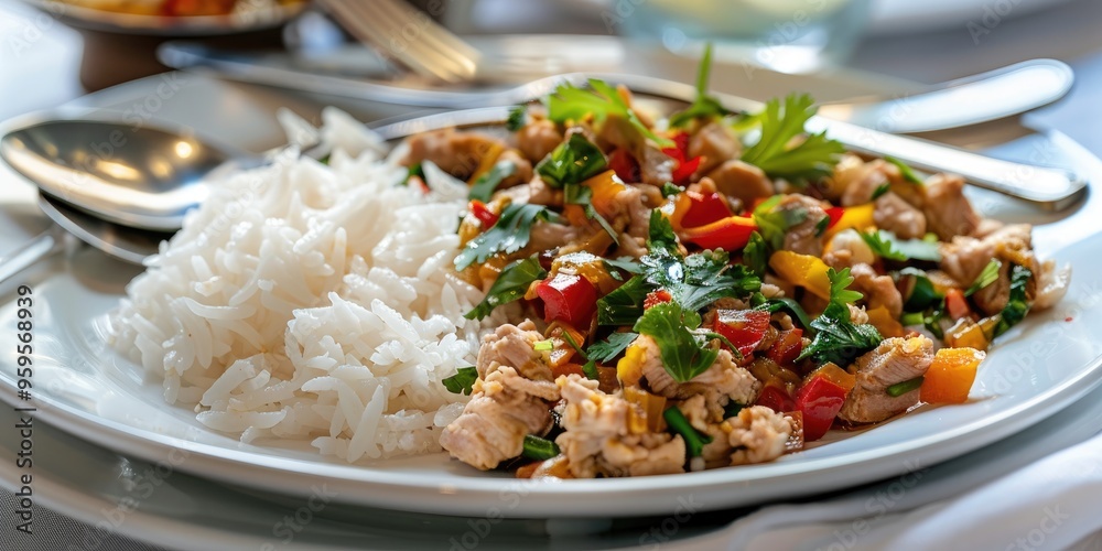 Pork Larb and Sweet and Sour Stir Fry with Rice displayed on a light-colored plate, accompanied by stainless steel cutlery on a light table, featuring a close-up view with selective focus. Pork Larb and Sweet and Sour Stir Fry with Rice displayed on a light-colored plate, accompanied by stainless steel cutlery on a light table, featuring a close-up view with selective focus.