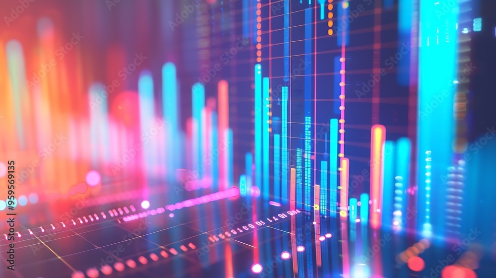 Visual representation of abstract data with neon light glowing digital bar chart for Modern innovation concept of dynamic futuristic technology. Visual representation of abstract data with neon light glowing digital bar chart for Modern innovation concept of dynamic futuristic technology.