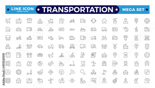 Transportation outline icon set. Thin line style of bus, car, truck, and train. Editable stroke outline icon.
