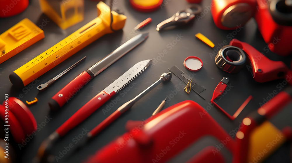 Fototapeta premium A collection of red and yellow tools arranged on a surface.