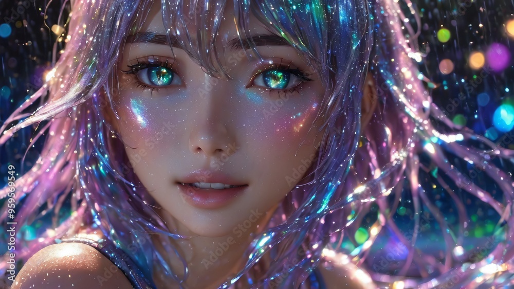 semi realistic artwork close up beautiful japanese or asian women under the rains and snow with cool background